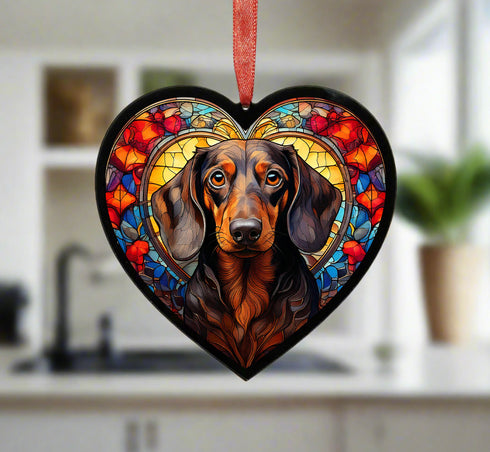 Dachshund Dapple Stained Glass Effect Heart Suncatcher
